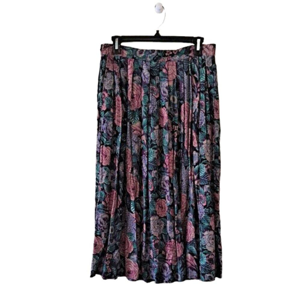 Dash Vintage Pink Green & Wine 100% Rayon Floral Pleated Midi Skirt - Size 14